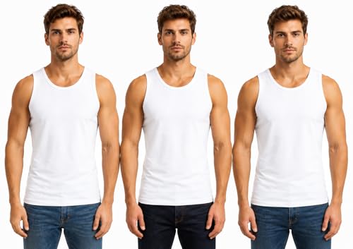 Image of ArkXani® 3 Men's Sleeveless Vest Tank Tops 100% Cotton Summer Vest for Running Workout Sport Fitness Wear Men T Shirt Athletic Wear Undershirt Multipack White XL