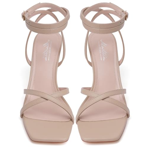 Image of Mostrin Nude Strappy Heels for Women Lace Up Ankle Strap Square Open Toe Heels Stiletto High Heeled Sandals for Prom, Party, Daily Size 11.5