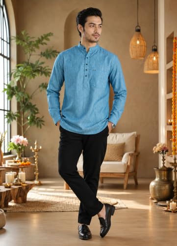 Image of Majestic Man Men's Cotton Blend Textured Regular Fit Full Sleeve Short Kurta