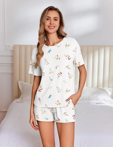 Image of Ekouaer Pajama Set for Women Viscose from Bamboo Short Sleeve Tops and Shorts Set 2 Piece Lounge Set
