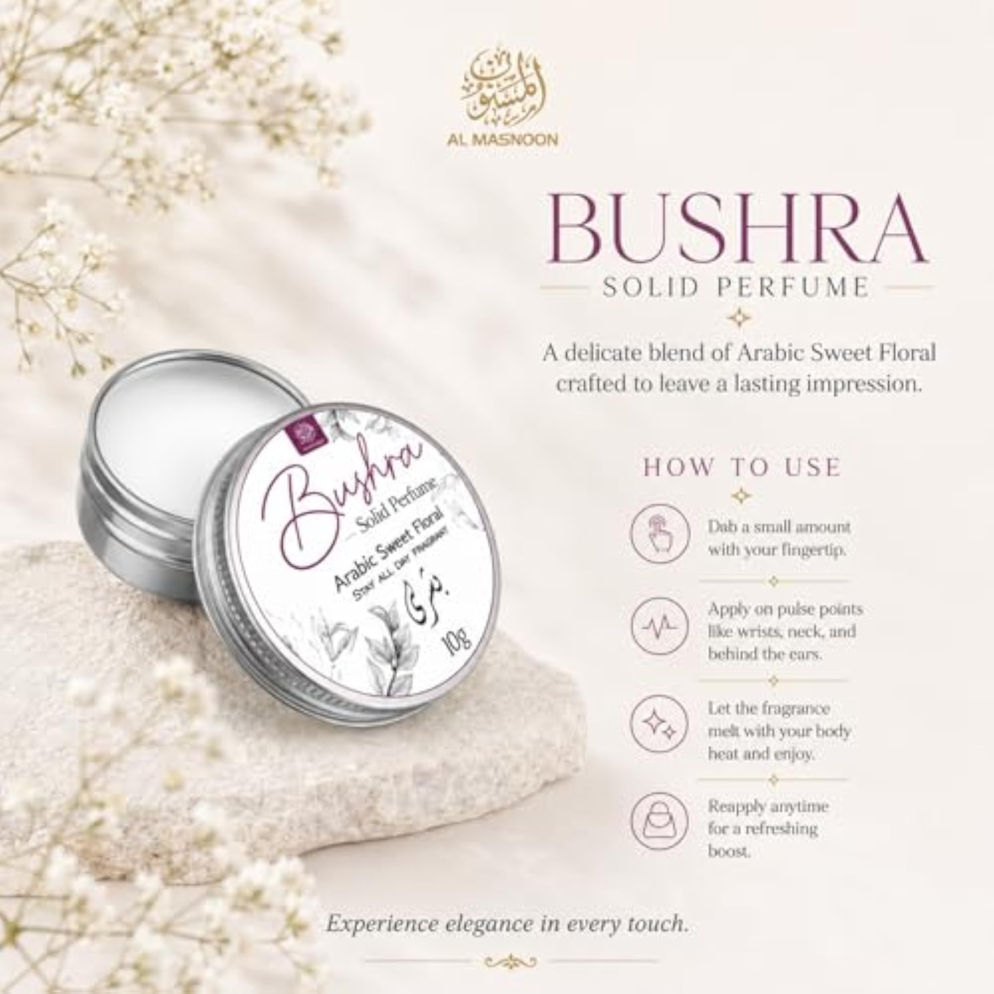 Bushra Solid Perfume 10g, Arabic Sweet Floral Fragrance