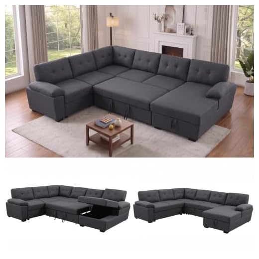 asunflower Sectional Sofa Sleeper Couch Living Room Pull Out Sofa Bed with Storage Chaise 6 Seats Modular Couch Sofa Fabric U-Shaped Furniture Sets Dark Grey