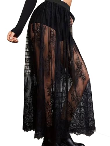 AIRRUMVE Women's Sheer Lace Maxi Skirt High Waist Sheer Mesh A Line Flowy Long Skirt4