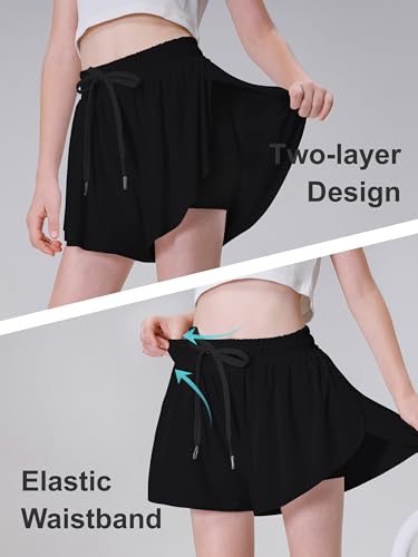 DIPUG Girls Butterfly Shorts with Pocket 2-in-1 Flowy Athletic Skots for Tennis Running Dance 5-163
