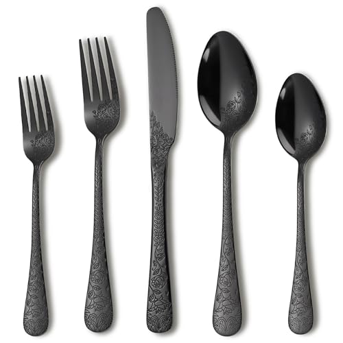 Runfly Vintage Carved LASER-ETCHED Floral Black Silverware Set for 4, Stainless Steel 20-Piece Flatware Set with KnifeForkSpoon, Cutlery Set for Home and Kitchen, Modern Utensil Set
