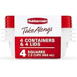 Rubbermaid TakeAlongs Food Storage Container, Squares, 2.9 Cup, 4 Pack, Red