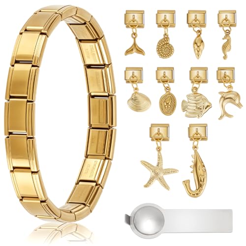 WEBEEDY Ensembles de Bracelets à Breloques Italiennes Or avec Bracelet Départ 10 pièces de Breloques de Module Marin et Outil Ouverture pour Femmes Pendentif Charme Amovible Ajustable DIY Bijoux