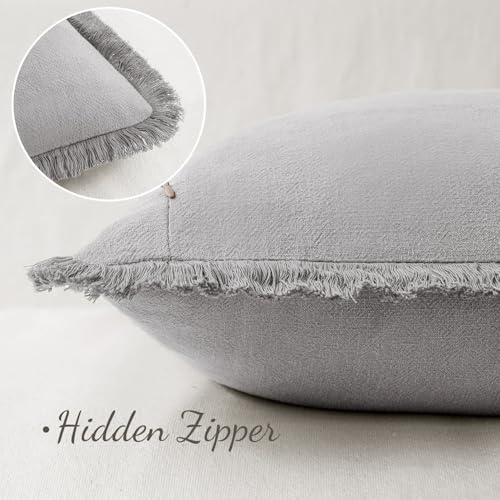 Image of MIULEE Decorative Throw Pillow Covers Neutral Linen Fringe Throw Pillows Set of 2 Light Grey Boho Farmhouse Cushion Covers with Tassels for Couch Sofa Bed Living Room Spring Home Decor 20x20 Inch