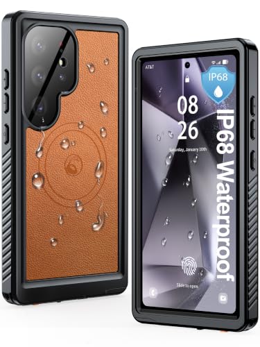 Image of ANTSHARE IP68 Waterproof Case for Samsung Galaxy S24 Ultra, Brown | Compatible with MagSafe, Built-in Screen /Lens Protector - Shockproof Full Body Protection, Back Leather for Swimming /Outdoor