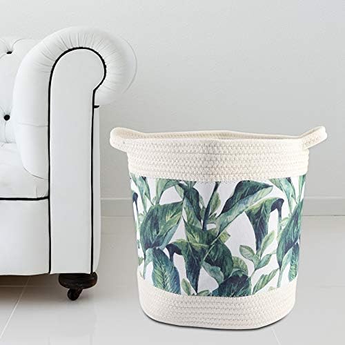 Fdit 1Pc Laundry Basket Cotton Rope Storage Organizer for Home Nursery Decor Green Plants Pattern(D30*H31CM)