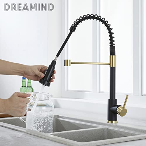 Dreamind Kitchen Faucets With Pull Down Sprayer,Commercial Single Handle Spring Kitchen Sink Faucets With Pull Out Sprayer, Single Lever Faucet For Farmhouse/Rv/Kitchen, Champagne Gold/Matte Black #TOP2