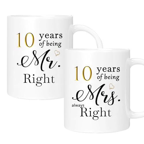 10 Year Anniversary Coffee Mug Gifts Set of 2 with Gift Box Packaging
