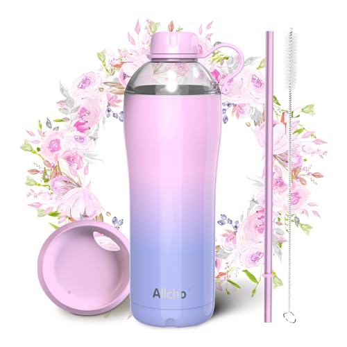 Image of Insulated Water Bottle for Women, 24 oz Stainless Steel Water Bottles, Double Walled, 2 Lids (Chug & Tumbler) - Hydrate & Caffeinate,Available Gift Wrapping