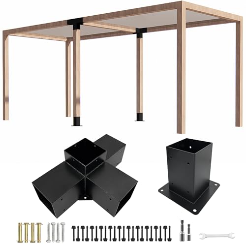 ITeVe.GD 4-Way Pergola Bracket Kits,Heavy Duty Angle Corner Post Bracket with Post Anchor Base for 4"x4"(3.5" x 3.5”) Square Timber,DIY Pavilion Brackets for Garden Gazebos,porchs,Cabins (2Pack) by ITeVe.GD - Used condition - CA$50.59