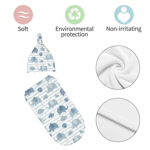 Image of Lcokin Cute Elephant Baby Stuff Swaddle Blanket Hat Set for Boys Girls, Newborn Receiving Blanket Shower Gift