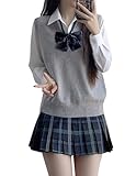 [Qichenk] 女子高生 制服 ニットベスト チェックスカート 蝶結び 4点セット スクール ニットウェア 高校生 コスプレ 学生服 JK コスチューム 仮装 学園祭 文化祭 卒業式 入学式 lightgray-A XL