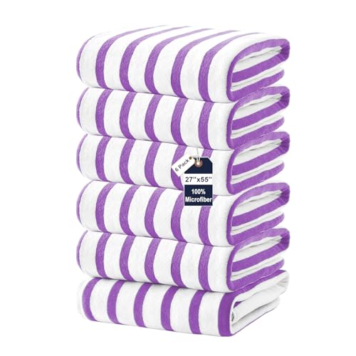 JML Microfiber Beach Towels, 6 Pack, 27" x 55", Cabana Stripe Purple