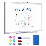 Magnetic White Board 60 x 45 cm Dry Erase Board Wall Hanging Alloyed Aluminum Frame A2 Whiteboard, with 3 Marker Pens, 6 Magnets, 1 Eraser
