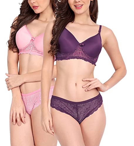 Image of FIMS - Fashion is my style Women Cotton Floral Lace Padded, Non-Wired, Full Coverage, Seamless Bra Panty Set, Multicolor, Lingerie Set