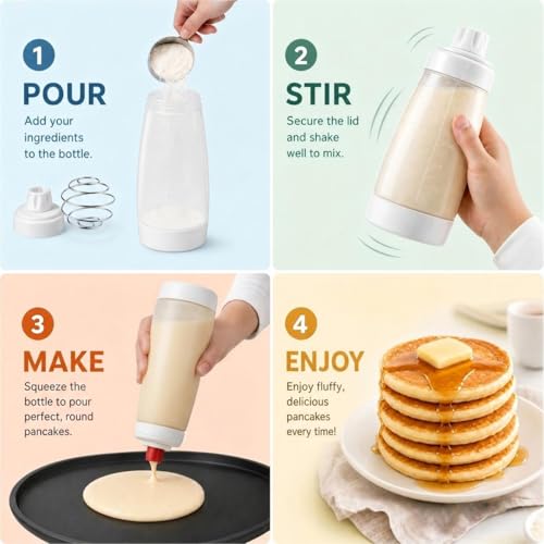 Pancake Batter Dispenser, 1000ml Pancake Batter Dispenser Bottle with Stainless Steel Whisk Ball, Measurement Scale & No-Drip Silicone Tip, BPA-Freefor Pancakes, Waffles, Crepes & Baking (2 Pack) by PORPUDA - Image 2