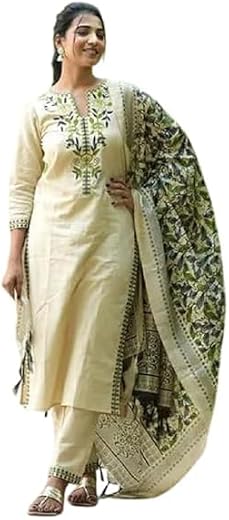 Syuti Women South Cotton Embroidered Kurta with Pant &amp; Dupatta Green