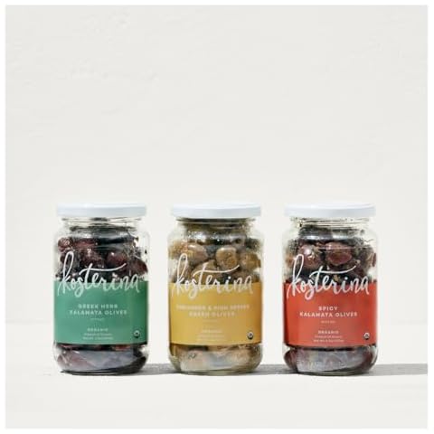 Kosterina Snacking Olives Trio | Greek Herb, Coriander & Pink Pepper & Spicy Flavor | Pitted and Dry-packed | Kalamata & Green Olives | 6.7oz (190g), 3 Pack Cover