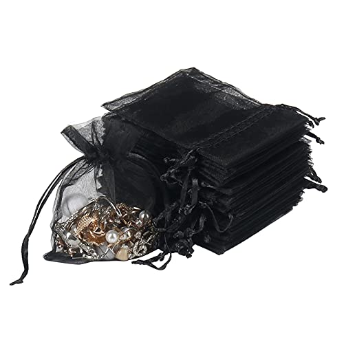 YQL Black Organza Gift Bags, 100PCS 8X10cm Small Mesh Jewelry Pouches Party Favourbags with Drawstring for Wedding Baby Shower Christmas, Black Organza Bags for Bracelet Packaging, Jewellery
