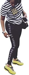 Bluewolfsea Women Bodycon Tracksuit 2 Piece Outfits Letter Print Short Sleeve Striped Tops