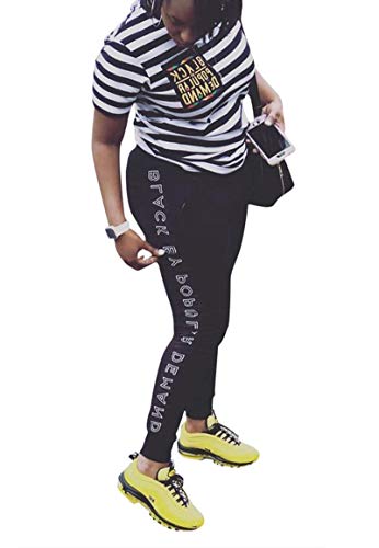 Bluewolfsea Women Bodycon Tracksuit 2 Piece Outfits Letter Print Short Sleeve Striped Tops