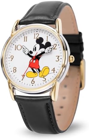 Disney Mickeys Articulating Hands Watch - Mickey Mouse Watch for Men - 90s Mouse Watches - Vintage Toys - Silver Case - Black Leather Strap