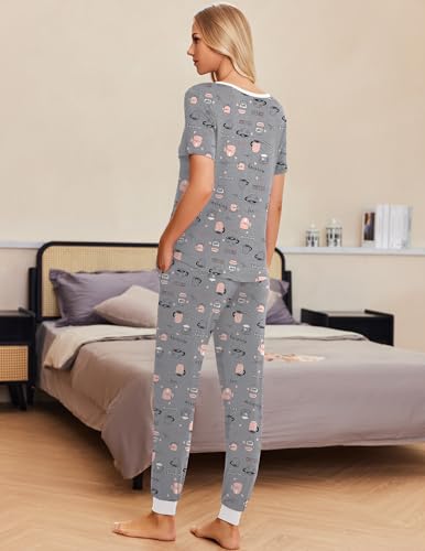 Image of Ekouaer Pajamas for Women Set 2 Piece Fall Lounge Sets Short Sleeve Pjs Joggers Long Pants Sleepwear with Pockets