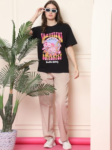 Image of Style Go Pure Cotton Oversized Baggy Fit Drop Shoulder Aesthetic & Cool Graphic Printed Half Sleeve Tshirt for Women || Trendy Tees || Casual Loose Korean T-Shirt