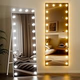 pertetey 64X21 Inch Hollywood Full Length Mirror with Lights, LED Floor Mirror Light White Metal Frame, Dimming&3 Color Modes LED Full Body Dressing Stand and Wall Mounted Long Mirror