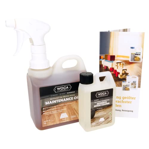 Woca Set zur optimalen und gründlichen Bodenpflege mit Pflegeöl Natur 1 Liter Kanister, Intensivreiniger 250 ml Kanister, Sprühkopf und Trevendo Pflegeanleitung Cover