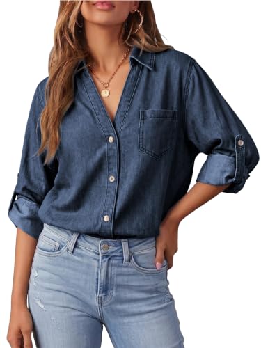 ECOWISH Womens Denim Shirt Jean Jacket Button Down V Neck Denim Blouse