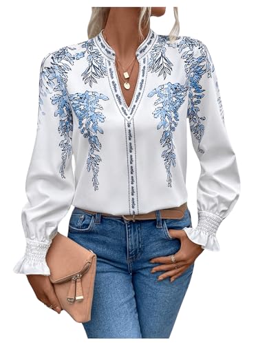 Floerns Women's Floral Print Bishop Long Sleeve Notched Neck Summer Blouse Top Blue and White Medium