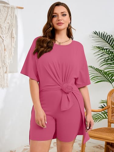 AusLook Plus Size Lounge Set for Women 2 Piece Outfit Oversized Tunic Top and Biker Shorts Purple Red 4X Matching Set Side Slit Casual Comfy Summer Outfit Travel Airport Look Maternity Friendly Sets — view 2
