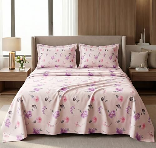 Image of VAS COLLECTIONS Kingston Collection King Size Bedsheet Set 3 Pcs | Soft Luxury Bedsheet with 2 Pillow Covers | Breathable & Shrinkage Resistant | 108x108 Inches (274x274 cm) (Pink, Purple)