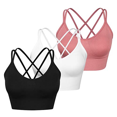WANAYOU Cross Back Sport Bras Padded Strappy Criss Cross Yoga Bras for Workout Fitness Low Impact (3 Pack(Black+White+Pink), Medium)