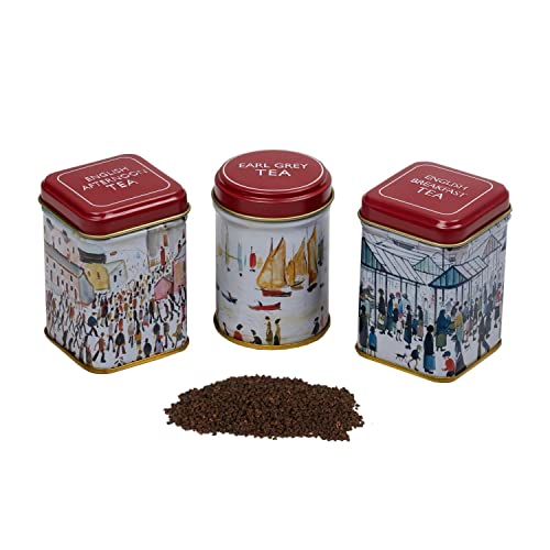 New English Teas The Lowry Mini Tea Tin Set of 3 with Loose-Leaf Black English Tea, Red
