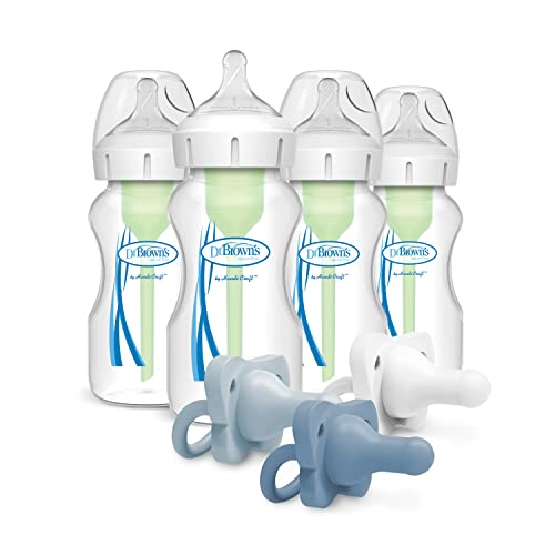 Image of Dr. Brown’s Natural Flow® Anti-Colic Options+™ Wide-Neck Baby Bottle, 9 oz/270 mL, Level 1 Nipple, 4-Pack, 0m+ with HappyPaci 100% Silicone Pacifier 0-6m, BPA Free, White, Blue, Light Blue, 3 Pack