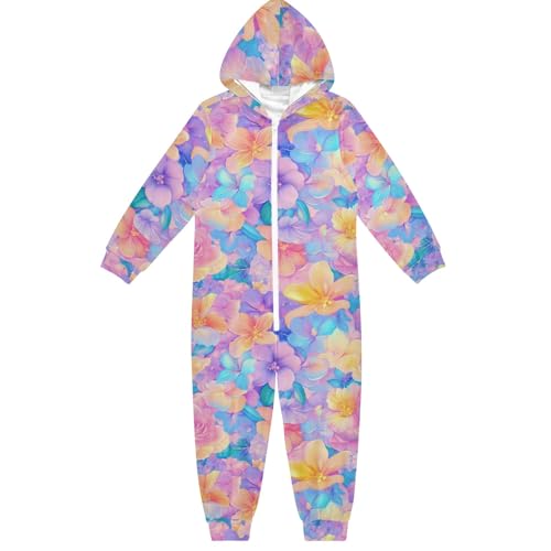 CHIFIGNO Mameluco unisex con capucha para niños, diseño de flores azules y moradas, disfraz divertido de Halloween, Navidad, cosplay, ropa para el hogar, niños y niñas, talla 4T