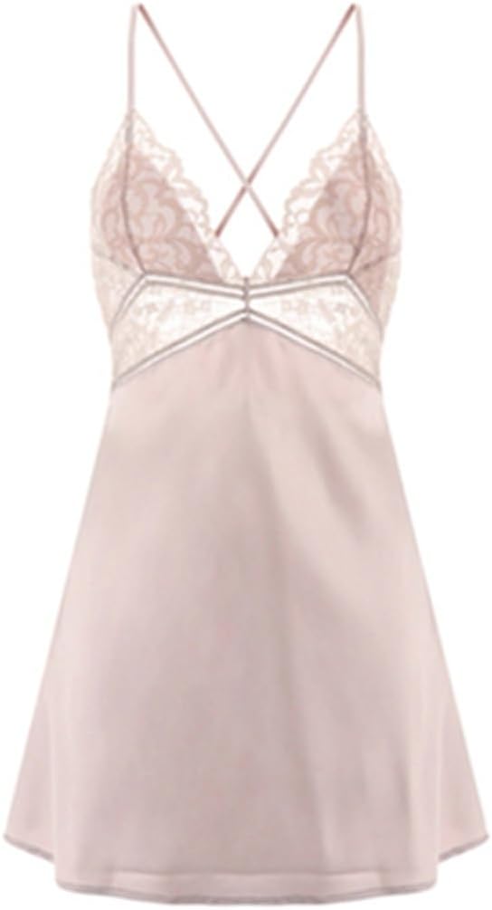 Women's Sexy Lace Pajamas Backless Sleep Lounge Nightgown Spaghetti Strap Silk Sleepshirts with Chest Pad