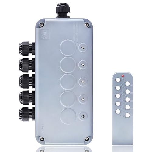 Outdoor Remote Switch,NineLeaf Garden & Pond Switch Box IP66 Waterproof, 5 Gang Electrical Remote Controlled Switch Boxes,External Switch Wireless,Up to 1000W,220-240V,for Outdoor Pump Heater Lights
