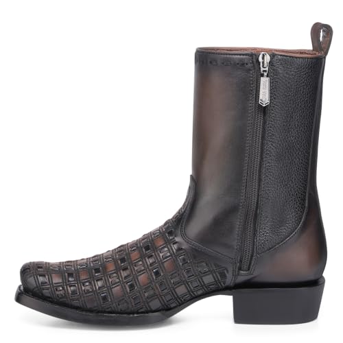 Image of Cuadra Men's Bovine Leather Woven Boot Brown Side Zip