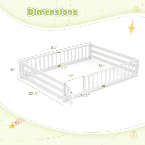 KOMFOTT Queen Size Wood Floor Bed with Door & Fence, Montessori Bed Frame with Full Length Safety Guardrails, Door & Latch, Wooden Montessori Floor Bed for Kids, Girls, Boys (Queen,White) - Image 2