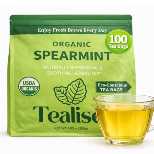 Organic Spearmint Tea Bags 100 Count – Spearmint Herbal Tea – Caffeine Free Mint Tea – Fresh, Smooth and Naturally Refreshing – Eco-Conscious Plant-Based Tea Bags by Tealise