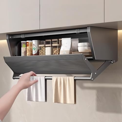 Wall Mounted Spice Rack with Foldable Shelf, Double-Layer Storage Organizer with Towel Bar, Under Cabinet Kitchen & Bathroom Organizer (31.5"x8.3")