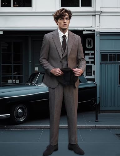 Mens Tweed Suit 3 Piece Slim Fit Herringbone Wedding Groomsmen Tuxedos Retro Jacket Double Breasted Vest Pants Set4