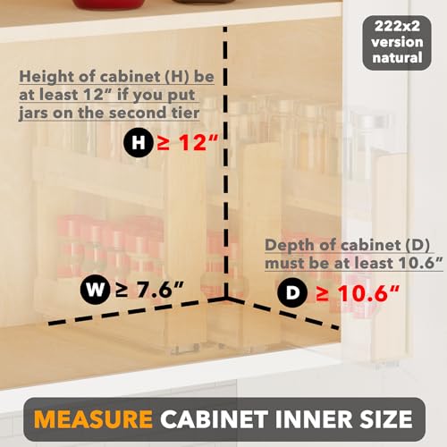 SpaceAid Bamboo Pull Out Spice Rack Organizer for Cabinet, Heavy Duty Slide Out Seasoning Kitchen Pantry Sliding Vertical Organization, 7.6" Wide, 3 Drawers(2" Wide), 2-Tier, Natural - Image 5